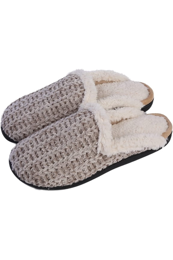 Memory Foam Slippers for Women - Fuzzy Cozy Indoor/Outdoor Slides - Fluffy Slip On Shoes Womens House Slippers with Plush Heels and Anti-Skid Rubber Sole Taupe