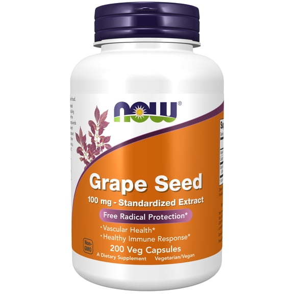 NOW Supplements, Grape Seed 100 mg - Standardized Extract, Highly Concentrated Extract with a Minimum of 90% Polyphenols, with Vitamin C, 200 Veg Capsules