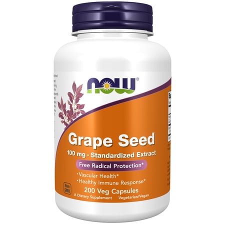NOW Supplements, Grape Seed 100 mg - Standardized Extract, Highly Concentrated Extract with a Minimum of 90% Polyphenols, with Vitamin C, 200 Veg Capsules