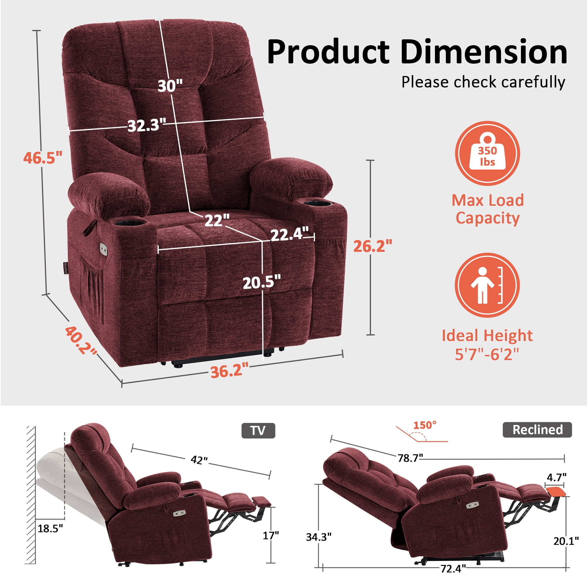 MCombo Large Power Lift Recliner Chair with Extended Footrest for 5'7"-6'2" Elderly People, Fabric, Burgundy