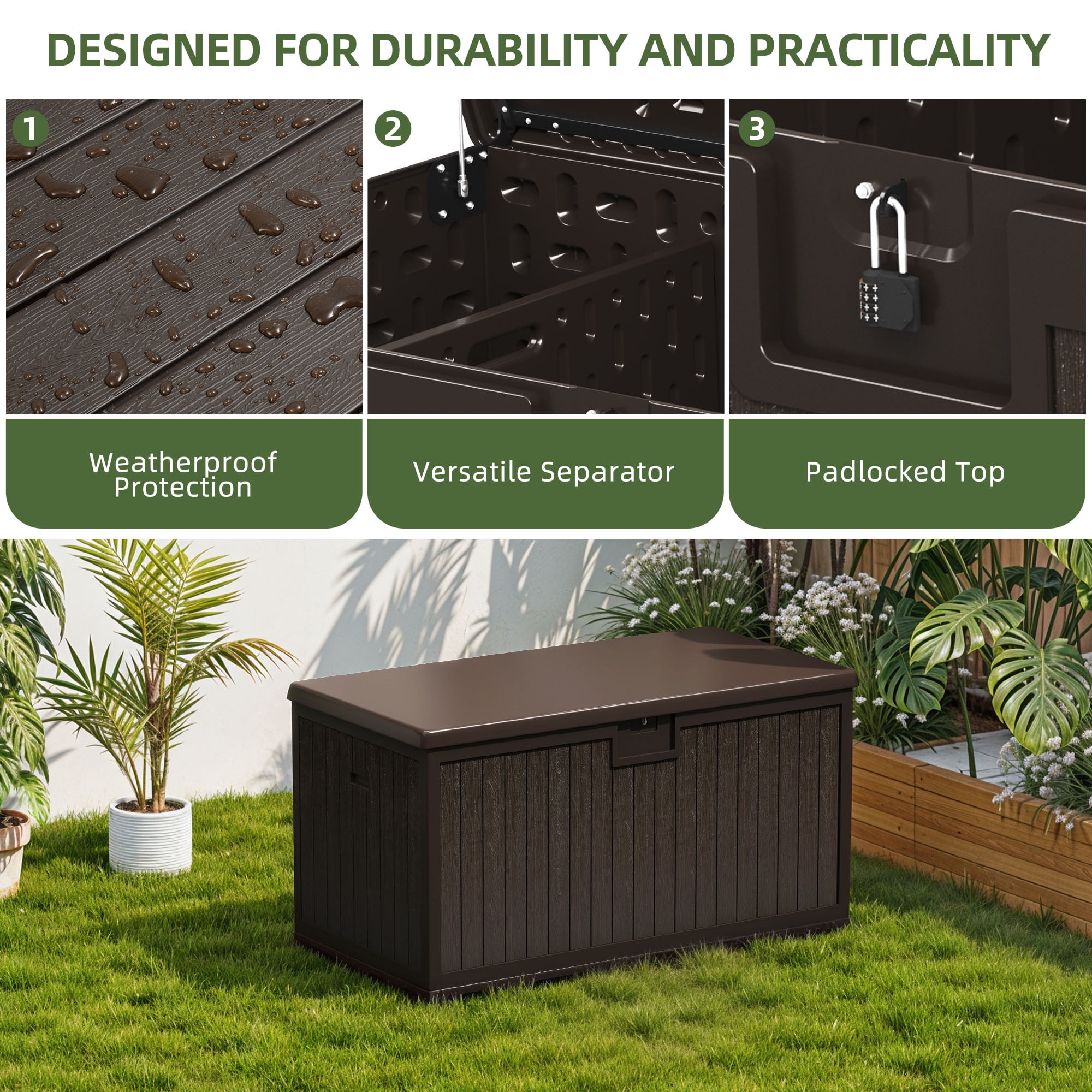 Uforic 230 Gallon Large Deck Box, Outdoor Weatherproof Resin Storage Box with Flexible Divider, Waterproof & Lockable, Brown