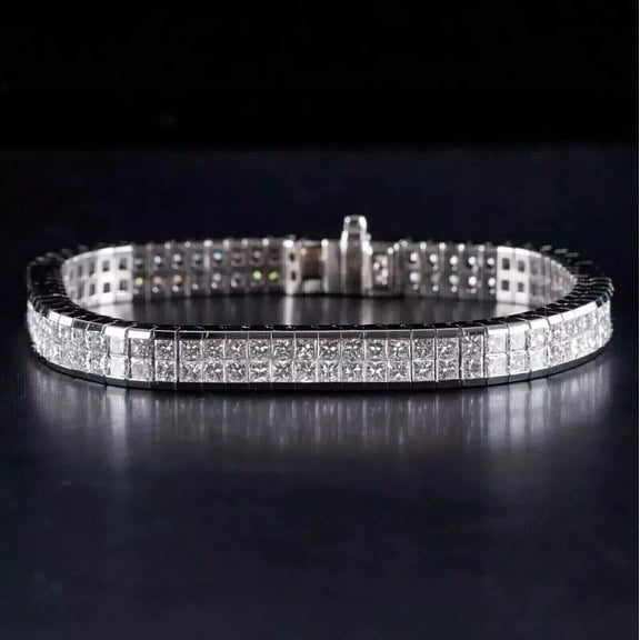 Lakshya Jewel LLC 14K White Gold Finish Princess Cut Cubic Zirconia Men's Two Row Tennis Bracelet Silver
