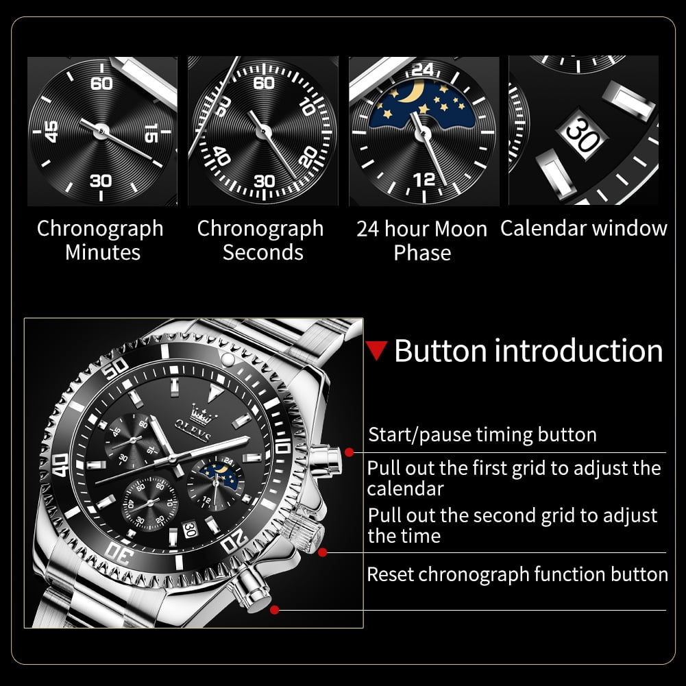 OLEVS Mens Watches Chronograph Luxury Dress Moon Phase Quartz Stainless Steel Waterproof Luminous Business Calendar Wrist Watch Black Dial