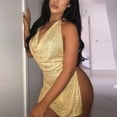 thumbnail image 2 of Lovskoo 2024 Women's Sequin Halter Mini Dress Split Hem Backless Cowl Neck Short Dress Open Back Cocktail Party Ball Gownes Gold, 2 of 6