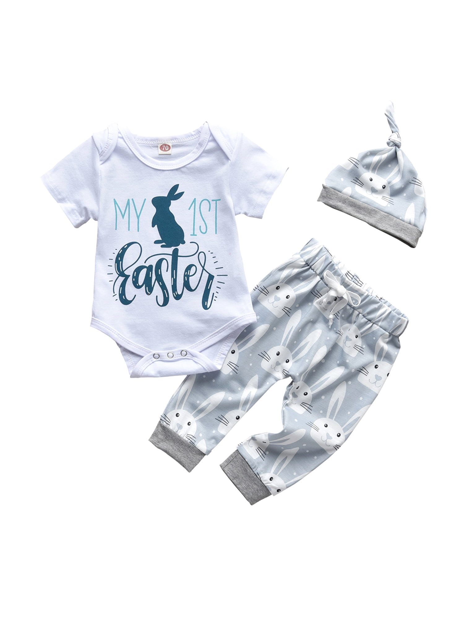 Baby Boy Girls My 1st Easter Outfit Infant Letter Print Romper+Bunny Pants+Headband 3pcs Rabbit Outfits 