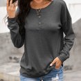 thumbnail image 3 of Jersey de mujer con botones, cuello redondo, manga larga, ajuste holgado, sudadera de color puro para la cita diaria de trabajo, gris oscuro XL, 3 of 6