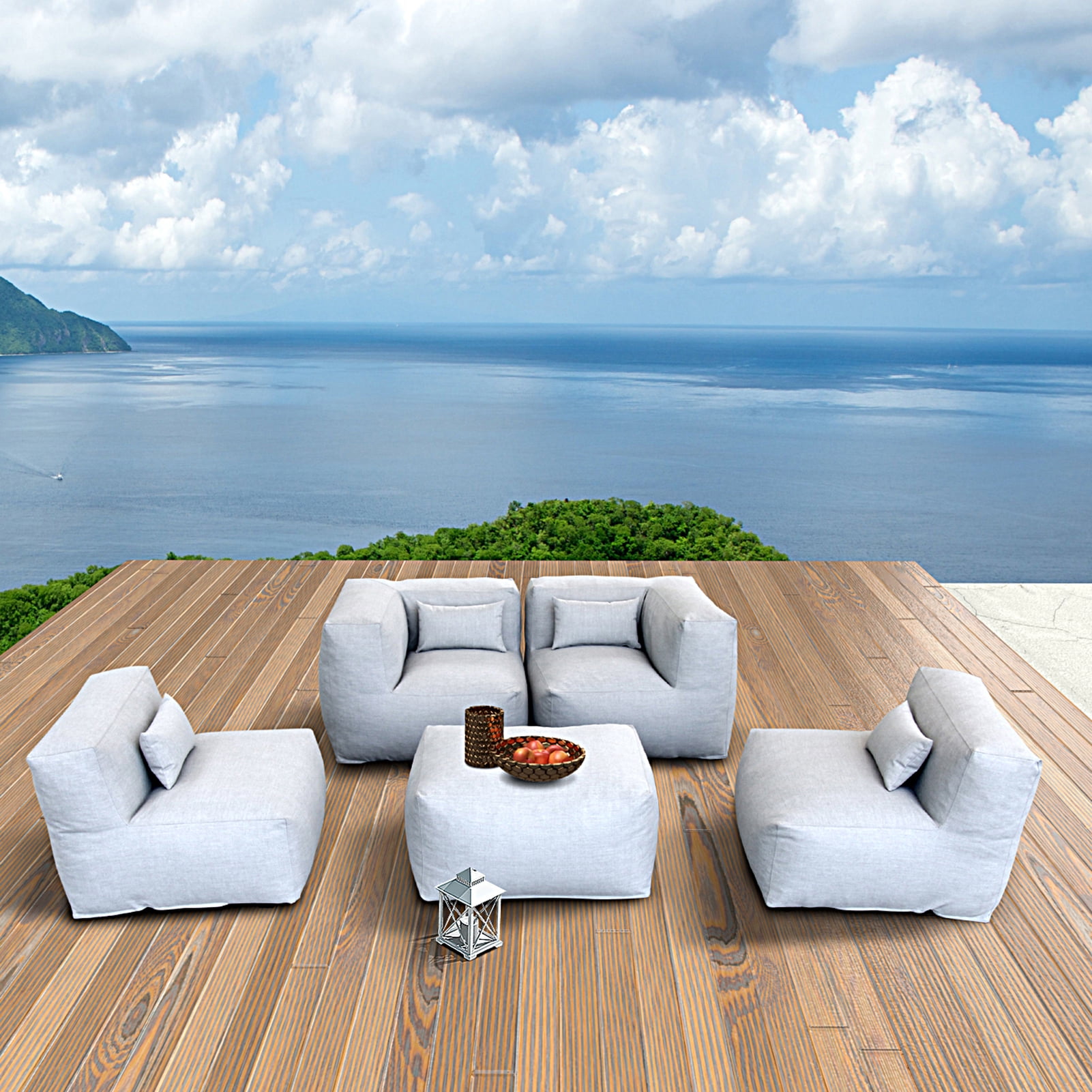 5 Pieces Olefin Patio Conversation Set with Thickened Cushions 4-Seat Outdoor Furniture Set with Bean Bag Chairs (Light Gray)