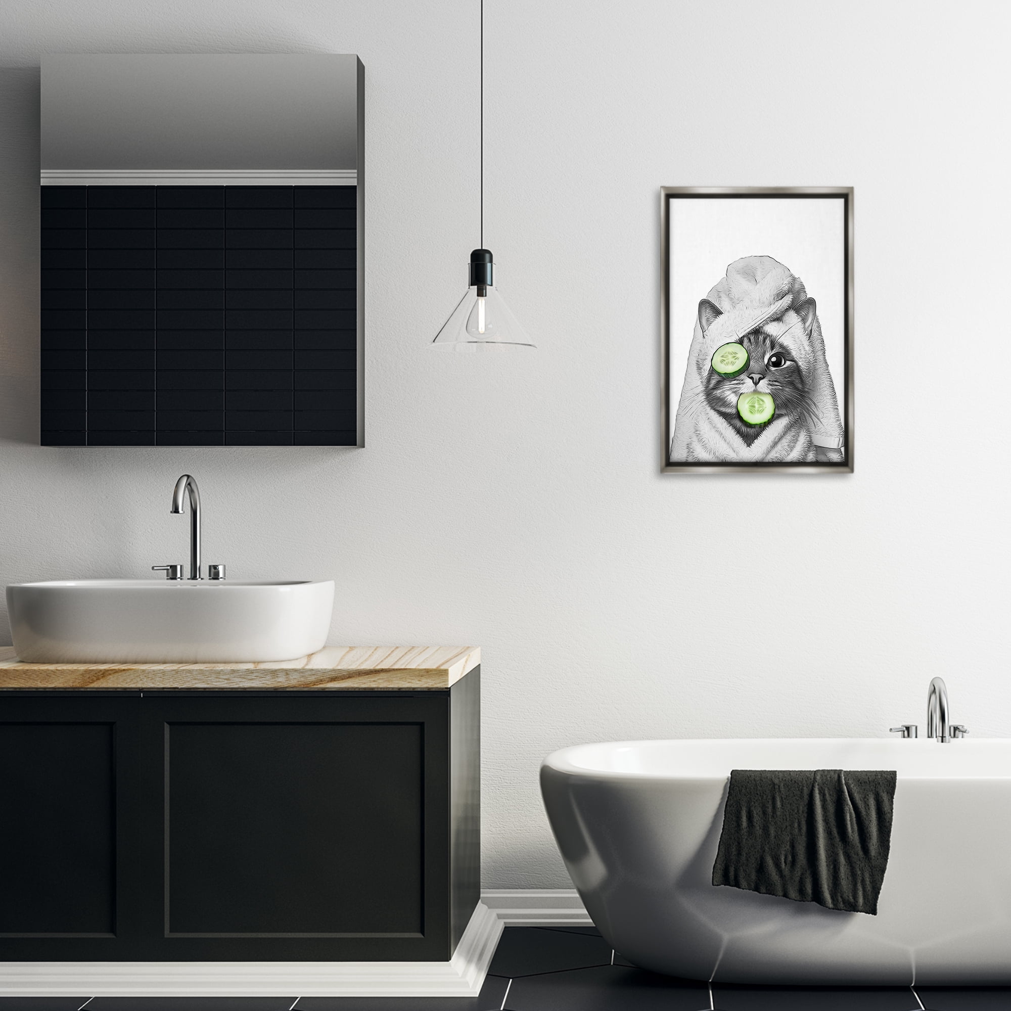 Stupell Industries Spa Bath Day Cat Typography Painting Gray Floater Framed Canvas Art Print Wall Art, 17 x 25