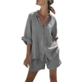thumbnail image 5 of FengLS Women's Fashion 2 Piece Sets Lapel Collar Button Down Shirt & Short Pants Sets Cotton Linen Lightweight Breathable Sets for Daily Outdoor & Casual Home Wear, 5 of 9
