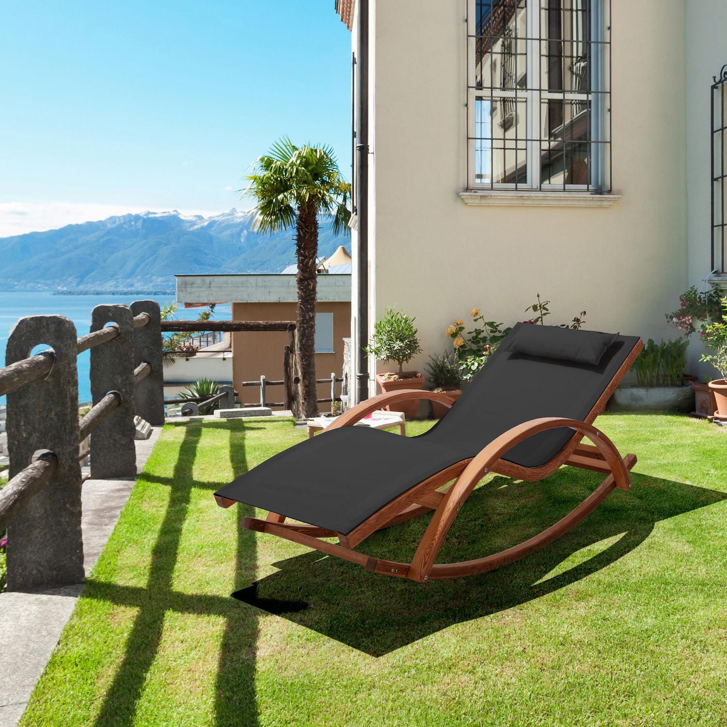 Outdoor Cedar Wood Patio Lounge Daybed with Black Textilene Fabric & Canopy