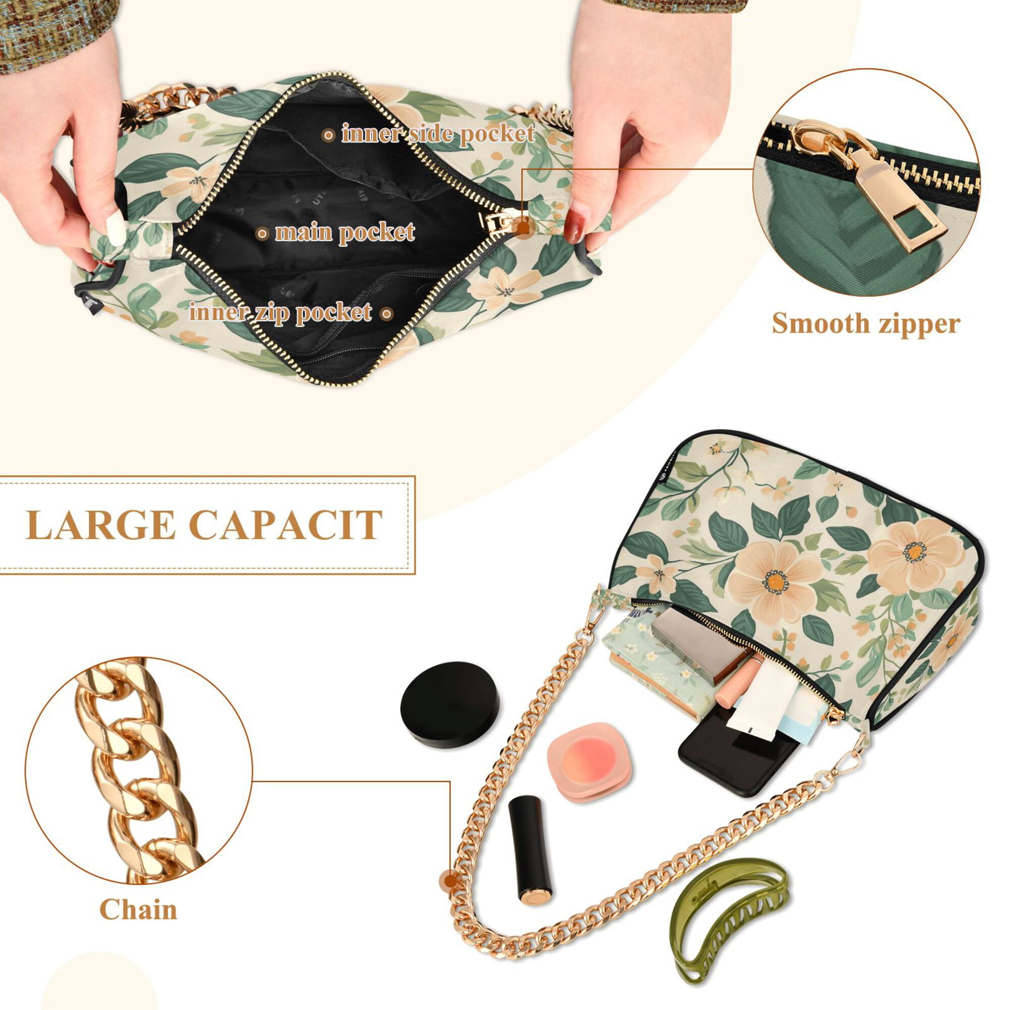 FORMRS Womens Shoulder Bag with Chain Strap Clutch Purse Cute Tote Handbag, Floral Design