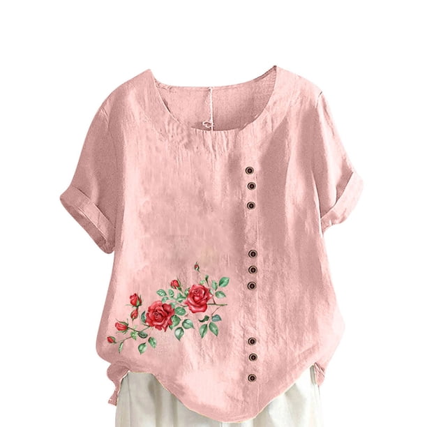 Vestidos Casuales Para Mujer, Blusas De Mujer De Moda Blusa informal de lino con cuello redondo, manga corta y botones para mujer