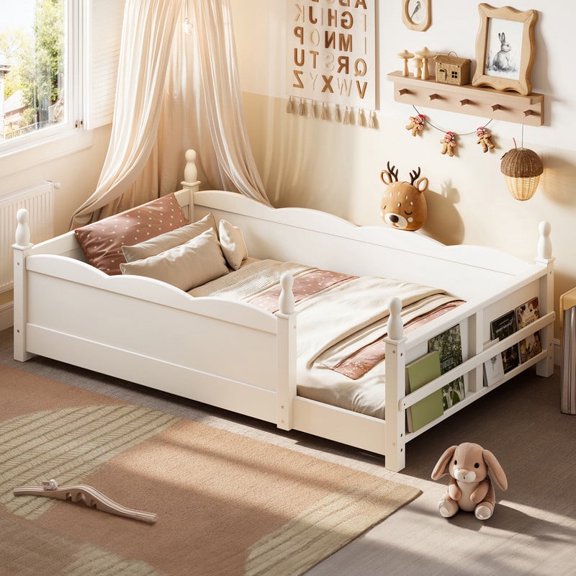 Bellemave Montessori Twin Floor Bed with Bookshelf, Solid Wood Kids Twin Size Bed Frame with Rail and Slats, No Box Spring Needed (Beige)