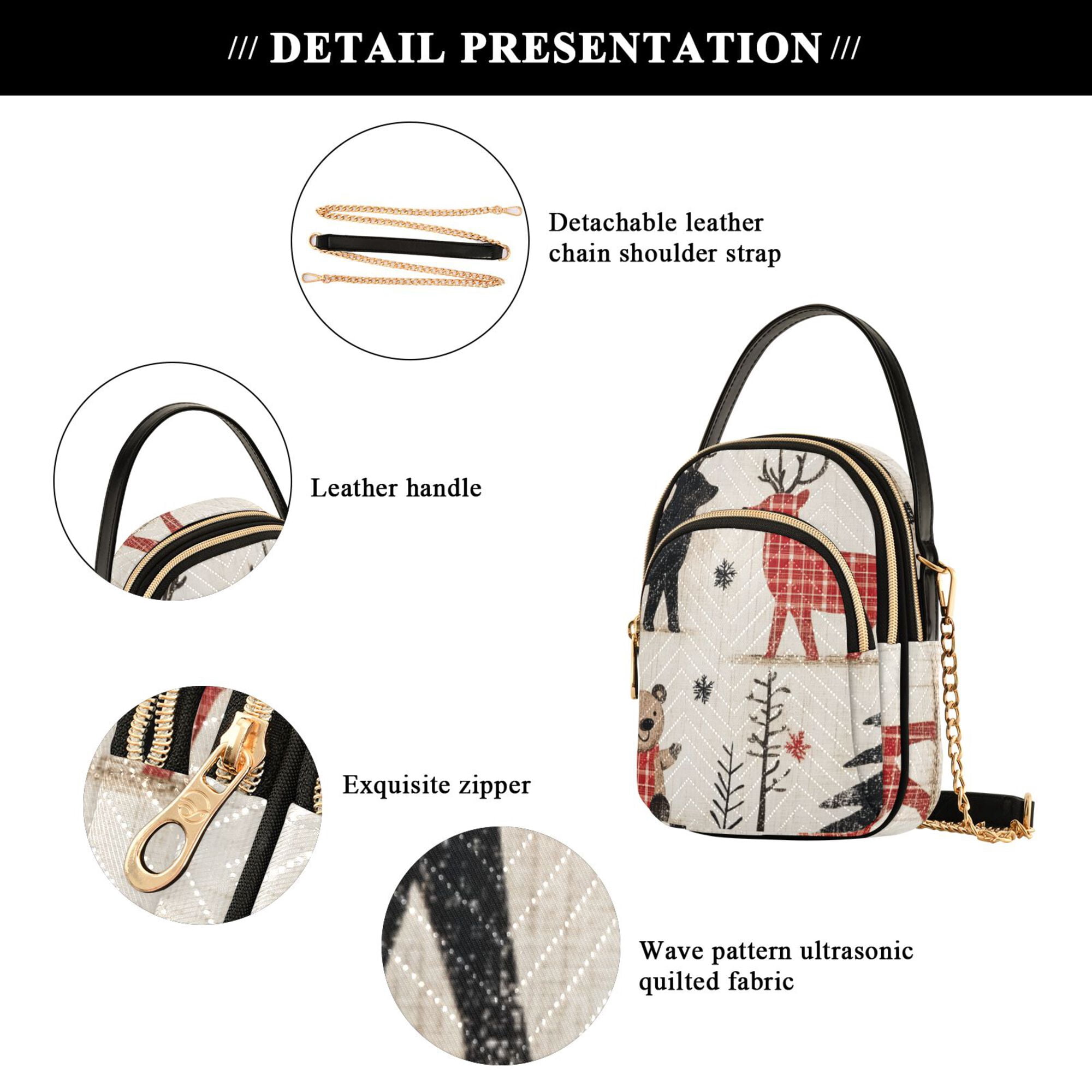 FORMRS Crossbody Bag for Women Quilted Travel Shoulder Cell Phone Purse with Chain Strap Handbag, Retro Christmas Forest