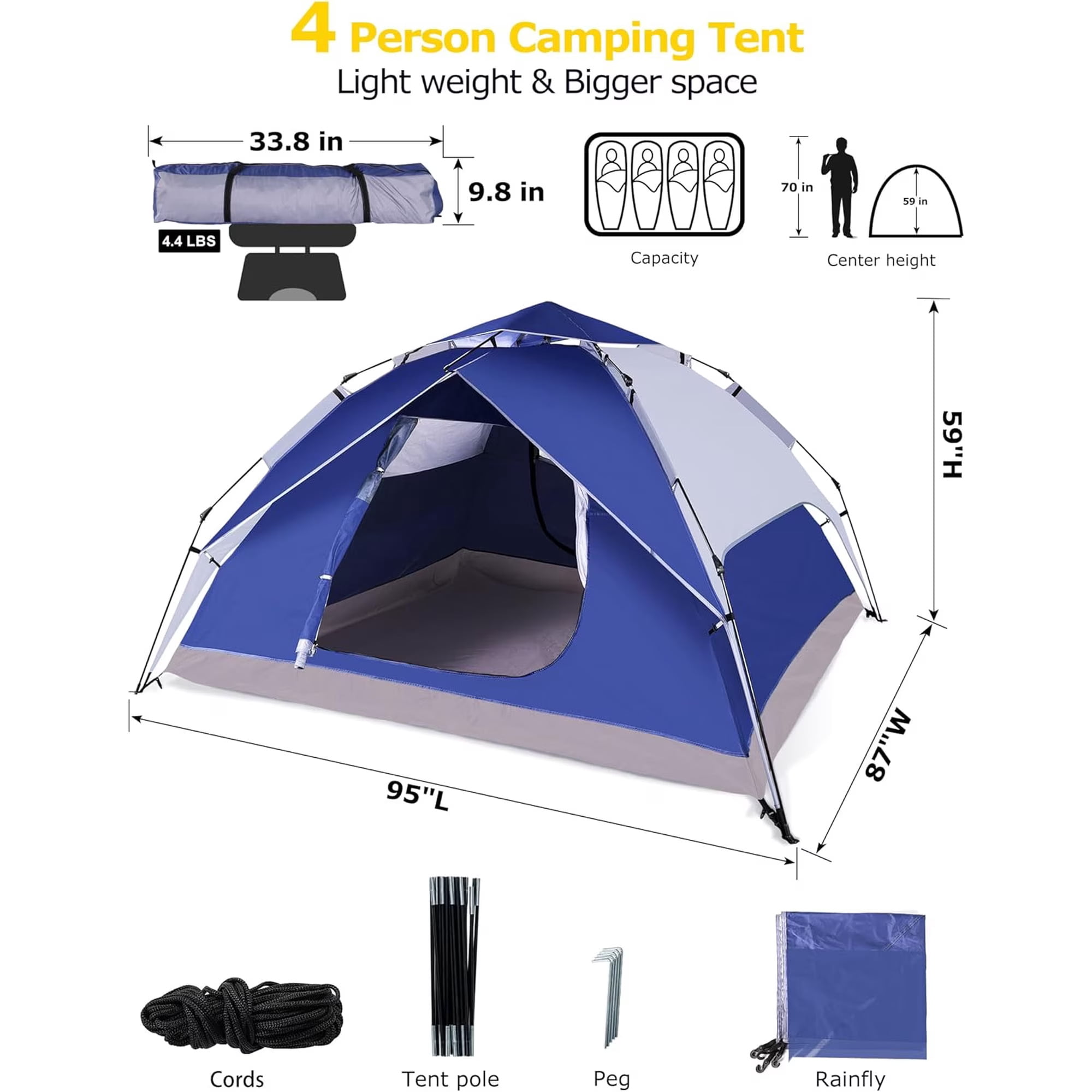 MAXVINI 4-Person 2-in-1 Camping Tent, 30s Easy Setup Instant Dome Tent, Waterproof Windproof with PU 3000mm, Double-Layer Design for Family Camping, Hiking, Beach & Outdoor Use