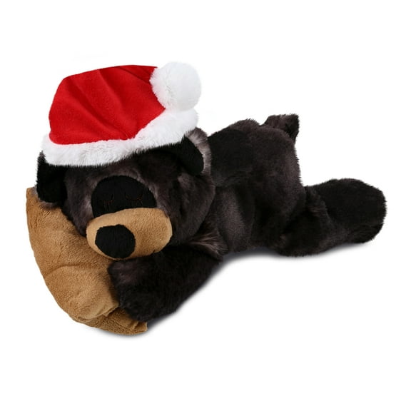 DolliBu Santa Sleeping Black Bear with Pillow Stuffed Animal Plush Toy - Super Soft Wildlife Animal Dress Up with Red Santa Claus Outfit, Christmas Holiday Gift - 10.5 Inches