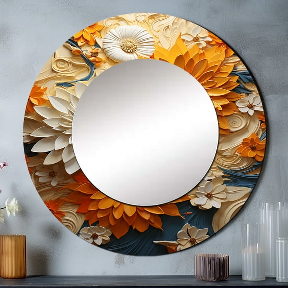 Designart "Botanical Reverie In Radiant Colors" Abstract Botanicals Orange Large Round Mirror - Round Office Mirror Wall Decor - Modern Round Printed Mirror - 23" x 23"