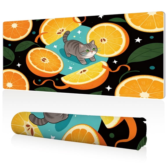 LIVEKEY Playful Cat Mouse Pad XL 80x40cm Full Desk Non Slip with Orange Slices Design Durable Easy Clean Stitched Edges for Gaming and Office