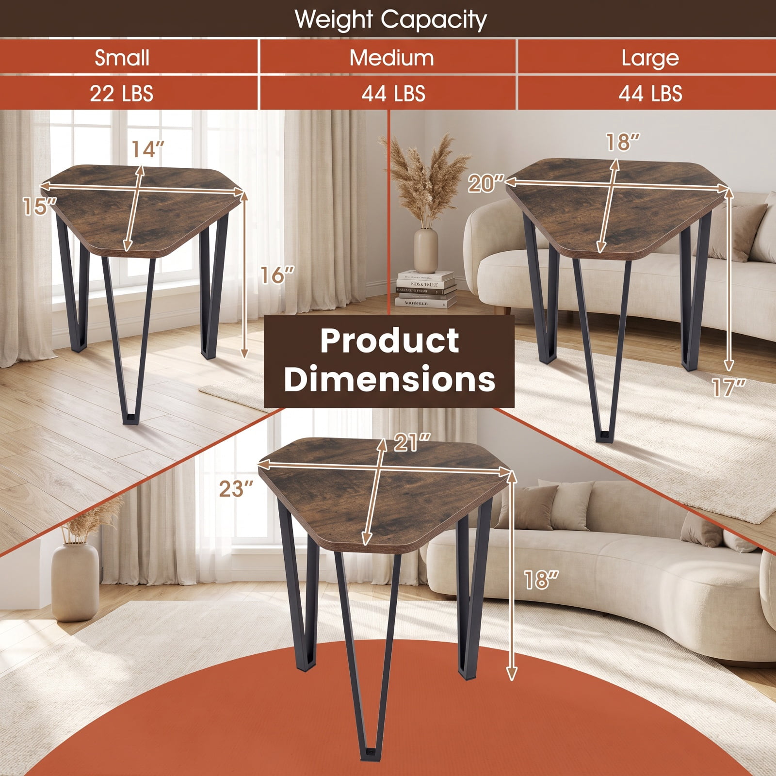 Furnibear Set of 3 Nesting Coffee Tables with Engineered Wood Top and Metal Frame for Living Room Bedroom and Guest Room, Rustic Brown