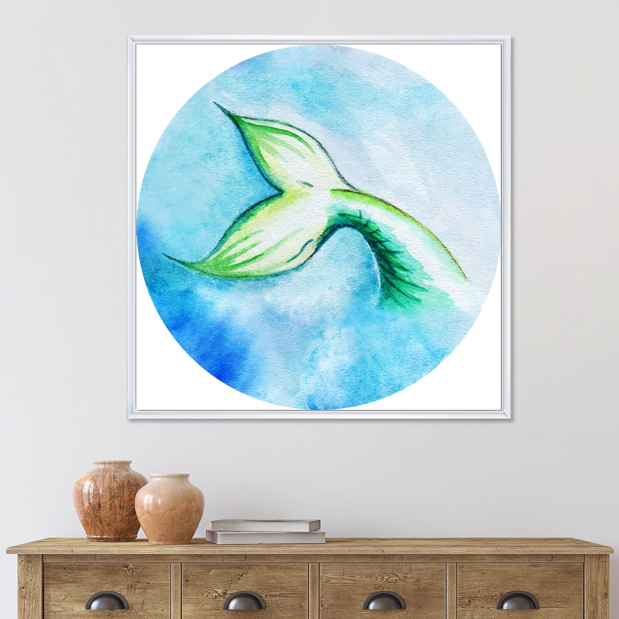 Designart 'Mermaid Green Fish Tail' Nautical & Coastal Framed Canvas Wall Art Print