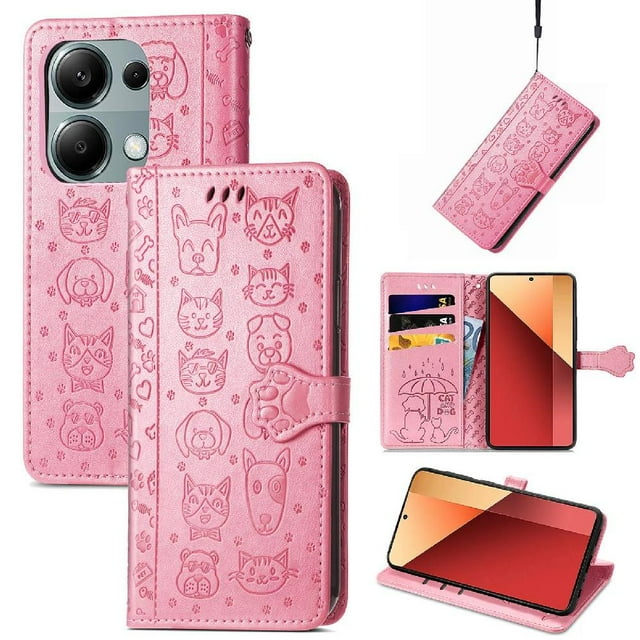 Funda Cartera FOXDOCK para Xiaomi Redmi Note 13 PRO 4G , Flip PU con Relieve de Gatos y Perros, Tarjetero y Soporte