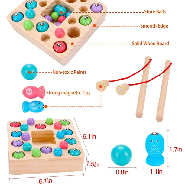 Montessori Toys for Toddlers Wooden Fishing Game Fine Motor Skill Learning  Magnet Fishing Pole Clamp Chopsticks 10 Fishes & Beads Preschool Math  Education for Kids Age 3 4 5 6 Year Old 