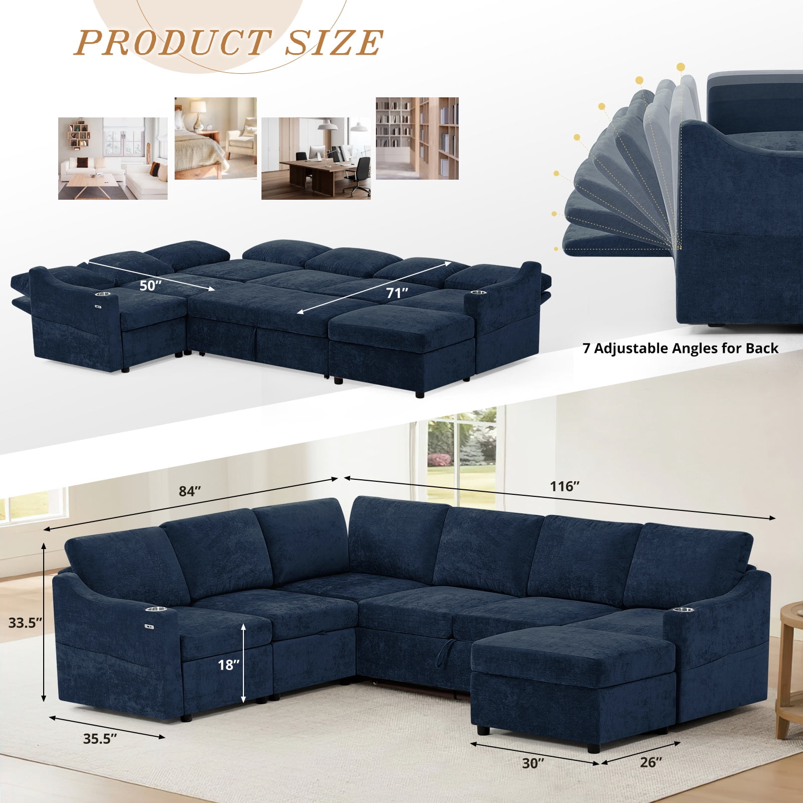 ACMEASE 116 Inches Chenille Sectional Couch w/Adjustable Backrests & Ottoman, Convertible U Shape Sleeper Sofa w/USB Ports, Modular Corner Sofa w/Pull-Out Bed & Storage Space for Living Room, Blue