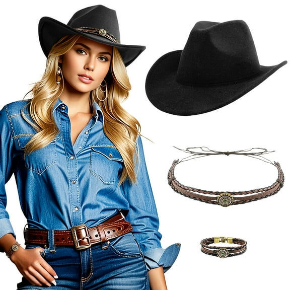 WoWstyle Cowboy Hat for Adult Men Women Cowgirl Hat with Adjustable Leather Hat Band Western Cattleman Cow Boy Rodeo Outfit(Black)