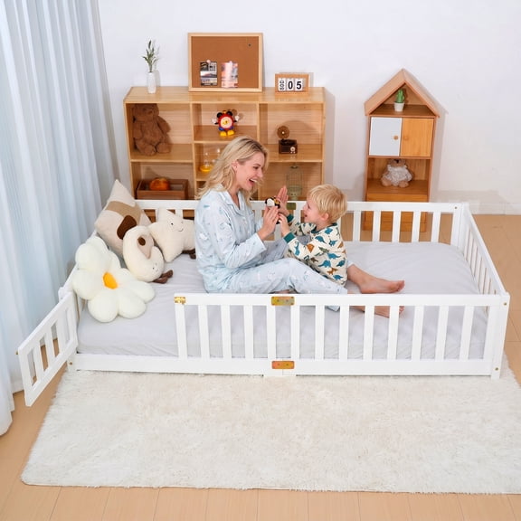 Zikebtuy Twin Montessori Floor Bed for Kids, Solid Wood Frame with Safety Guardrails