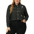 thumbnail image 1 of GRACE & GRANDEUR Women's Plus Size Fall Washed Distressed Cropped Denim Jackets Black 1X, 1 of 5