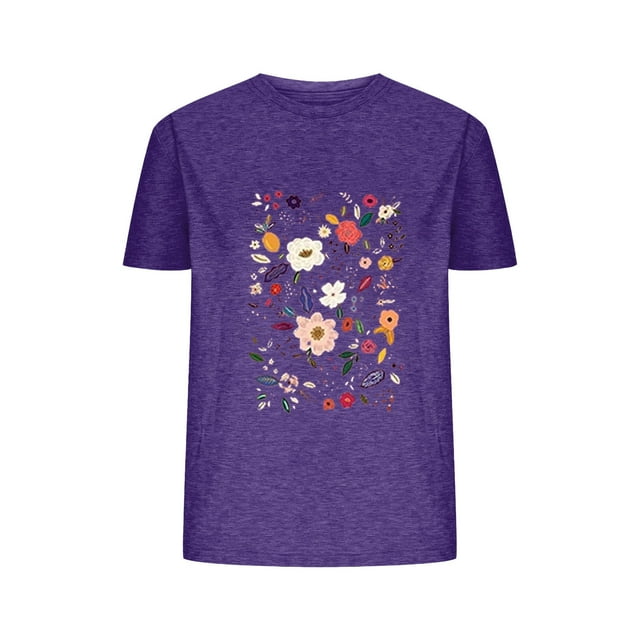 Camisetas de Verano de Mujer Pequeña Flor Impresa Cuello Redondo Manga Corta Superior, Verano Superior de las Mujeres