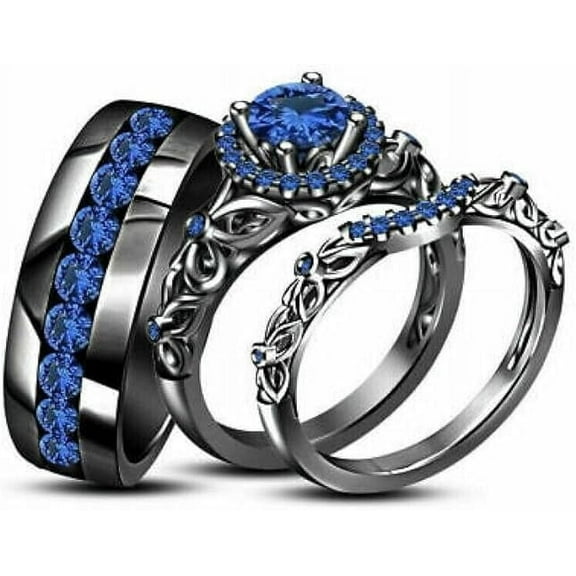 Divine Creation Unisex 925 Sterling Silver 1.80 Ct Round Cut Blue Sapphire Wedding Engagement Trio Ring Set 14K Black Gold Plated For Men's & Women's -7