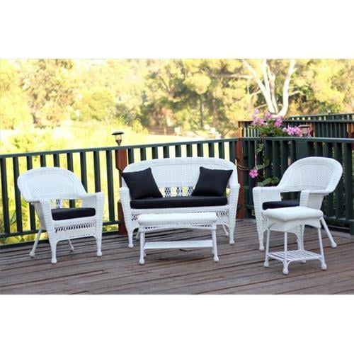 Jeco W00206-G-OT-FS017 5 Piece White Wicker Conversation Set - Black Cushions