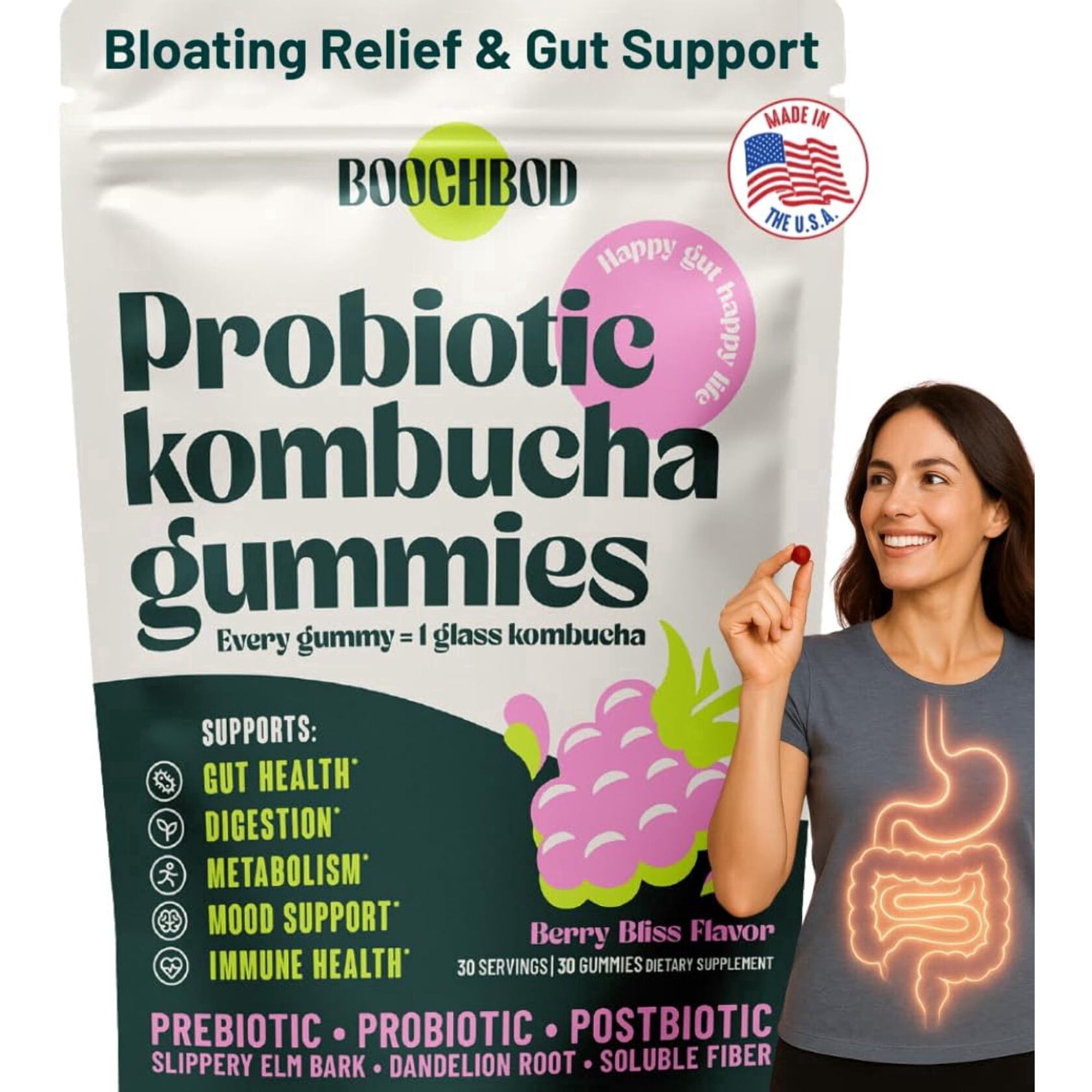 BoochBod - For Bloating, Constipation, & GLP1 Support - Probiotic Kombucha Gummy - Probiotic Fiber Supplement - For Women and Men - 30 Servings