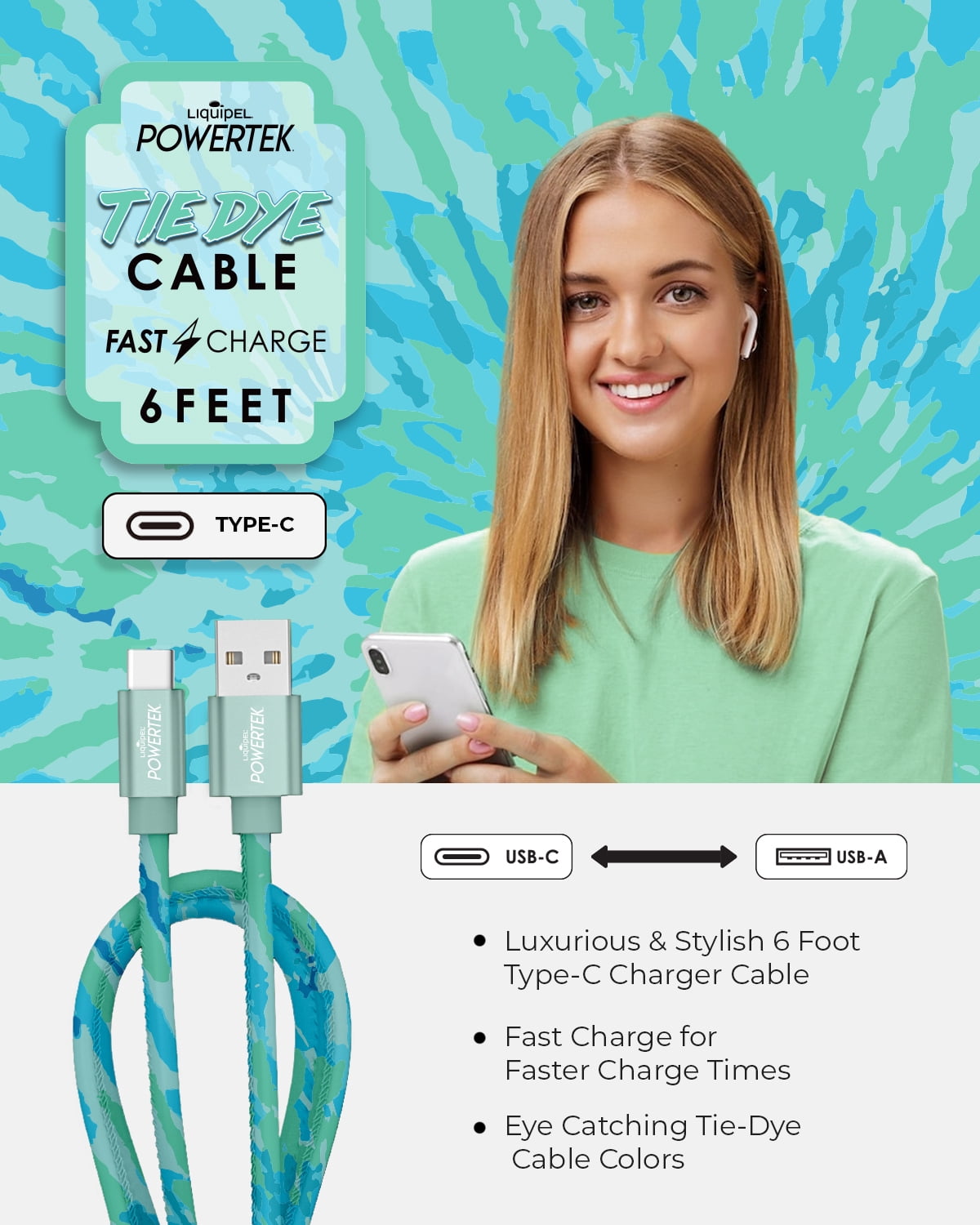 Liquipel Powertek Type-C Fast Charger Cable, 6ft USB-C for Galaxy, Note, Tab, MacBook, Tie Dye