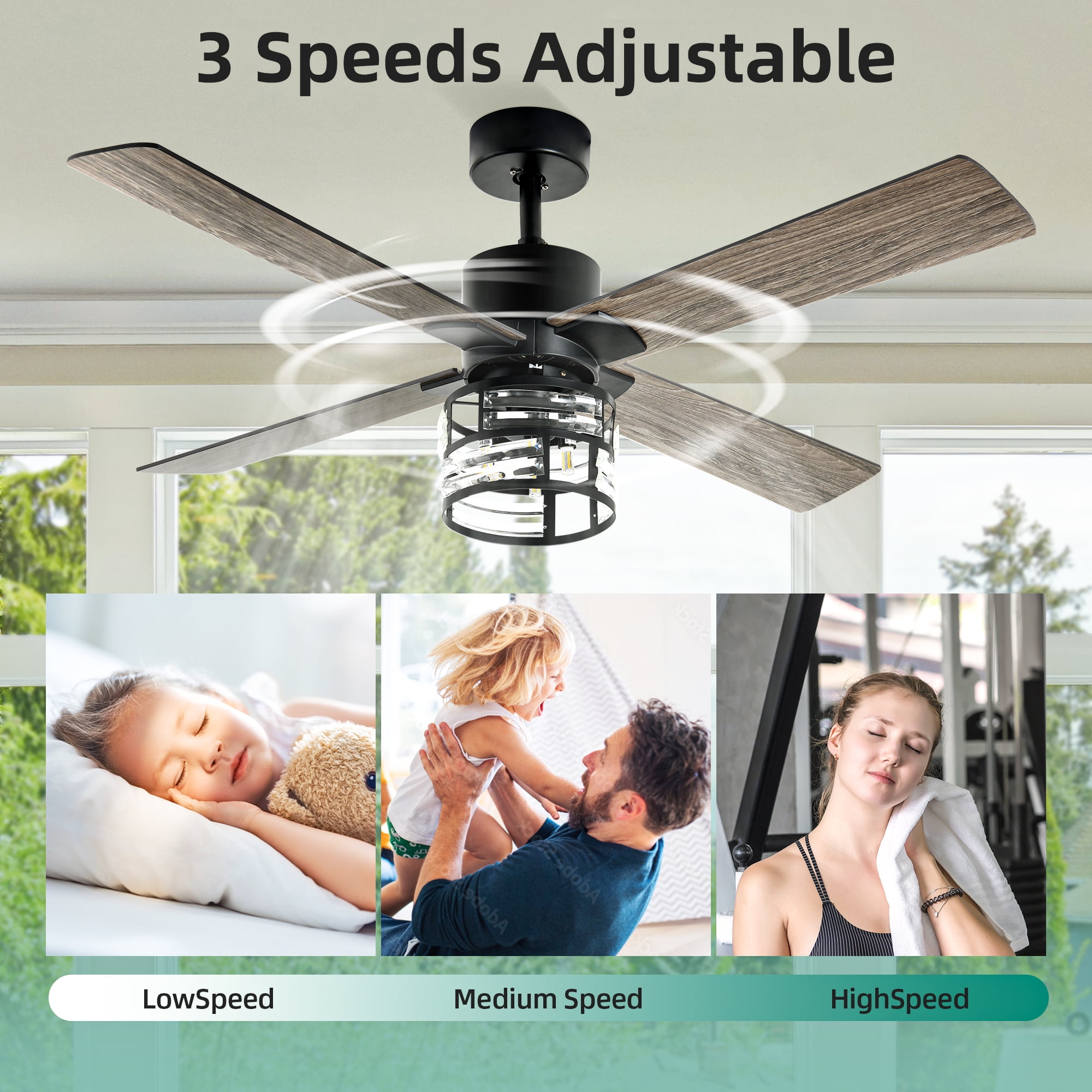 DEXTRUS 52'' Farmhouse Ceiling Fan with Light and Remote, with Clear Seeded  Glass Light Kit, Quiet Reversible Motor, 5 Blades,3 Speed, Timer, Oak 