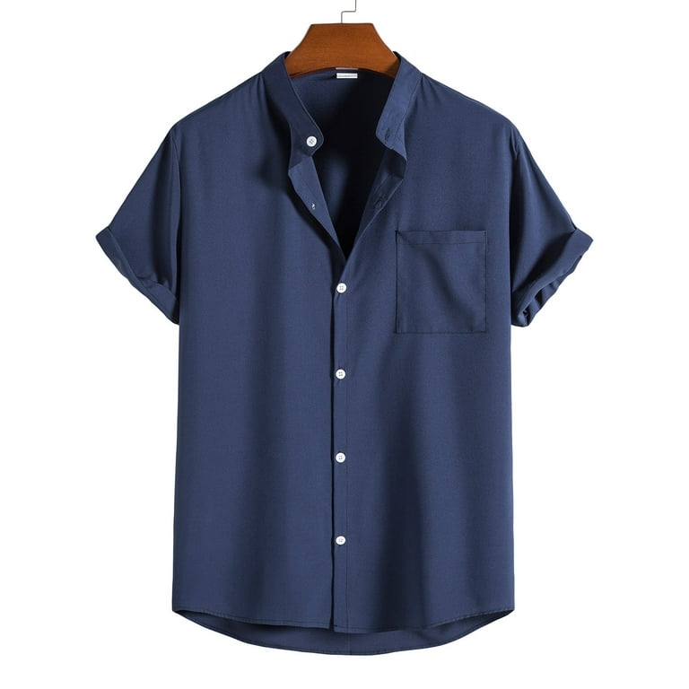 Hfyihgf Men's Button Down Shirt Regular Fit Short Sleeve Stand Neck  Business Work Shirt Summer Beach T Shirts(Navy,M)
