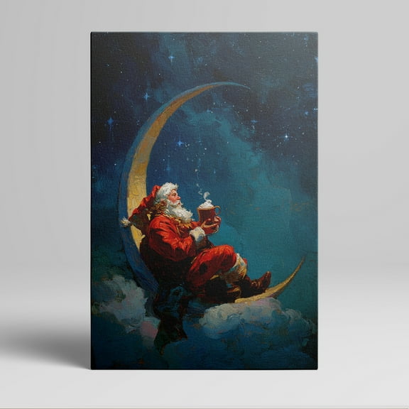 1pc Santa Claus Sitting on Crescent Moon with a Mug of Hot Drink under Starry Sky framed Decor room hanging Wall Picture Decor for Home Gifts, living room, bathroom, bedroom, kitchen wall art decor