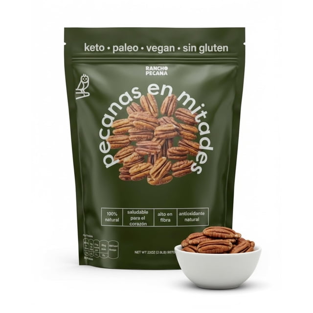 Rancho Pecana - Mitad de Nuez Natural, 907 gramos, Nueces Selectas 100% Naturales, Libre de Gluten, Sin GMO, Botana Vegana, Kosher, Keto, 10 gramos de proteína por cada 100 gramos, Bolsa Re
