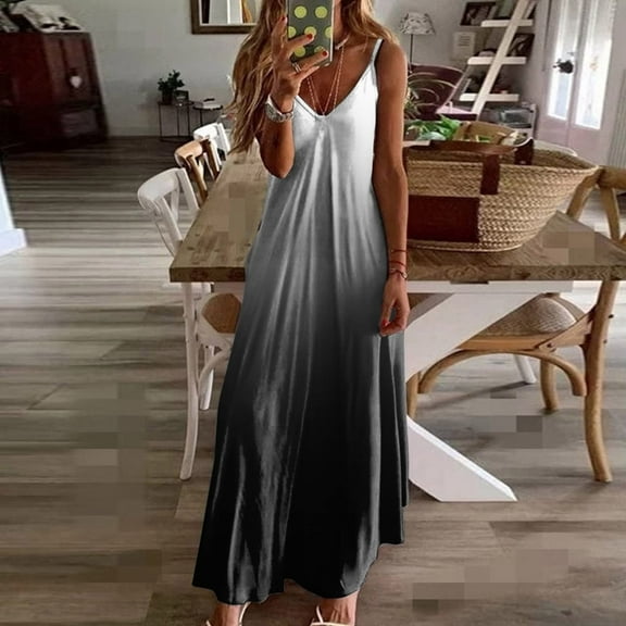 OSFVNOXV Maxi Dress for Women Summer Tank Sleeveless Comfy Peplum Dress Gradient Color V-Neck Slip Dress Loungewear Sleepwear