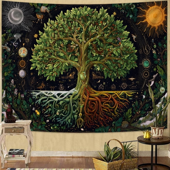 Tree Tapestry Wall Hanging Sun Moon Stars Tapestries Aesthetic Galaxy Wall Tapestry Nature Home Decoration for Living Room Bedroom,60Wx50H