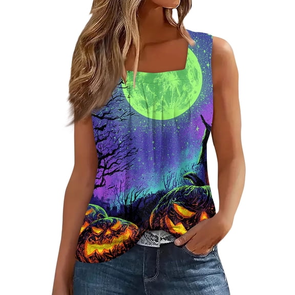 Bbyeadc Halloween Tank Tops for Women Square Neck Spider Web Print Casual Relax Fit Camisole for Fall Street Halloween Daily Wear,Multicolor(S)