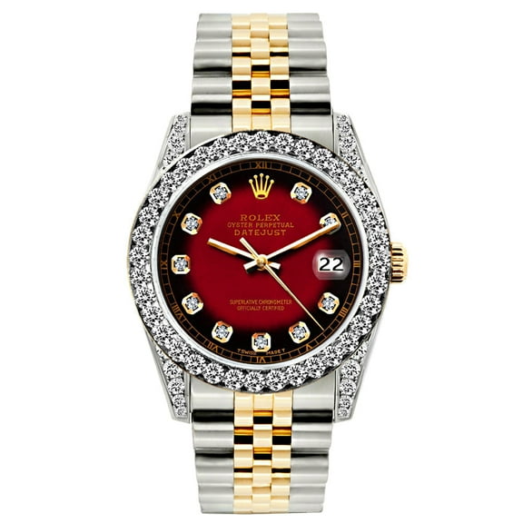 Pre-Owned Rolex Datejust 26 mm Red and Black Dial Diamond Bezel Two-Tone Jubilee Bracelet Women’s Watch