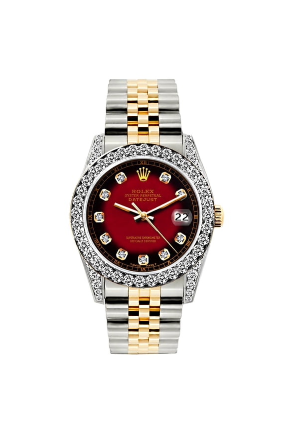 Pre-Owned Rolex Datejust 26 mm Red and Black Dial Diamond Bezel Two-Tone Jubilee Bracelet Womens Watch