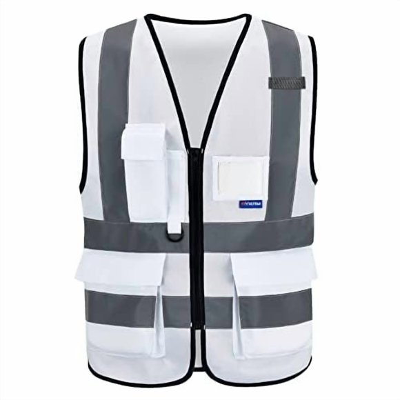 Chaleco de Seguridad A-SAFETY Blanco de Alta Visibilidad con 4 Tiras Reflectantes y 7 Bolsillos