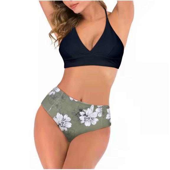 Feimerou Women High Waisted Bikini Sets Sexy Tummy Control Swimsuits Fashion Floral Printed Push Up Padded V Neck Two Piece Bathing Suit