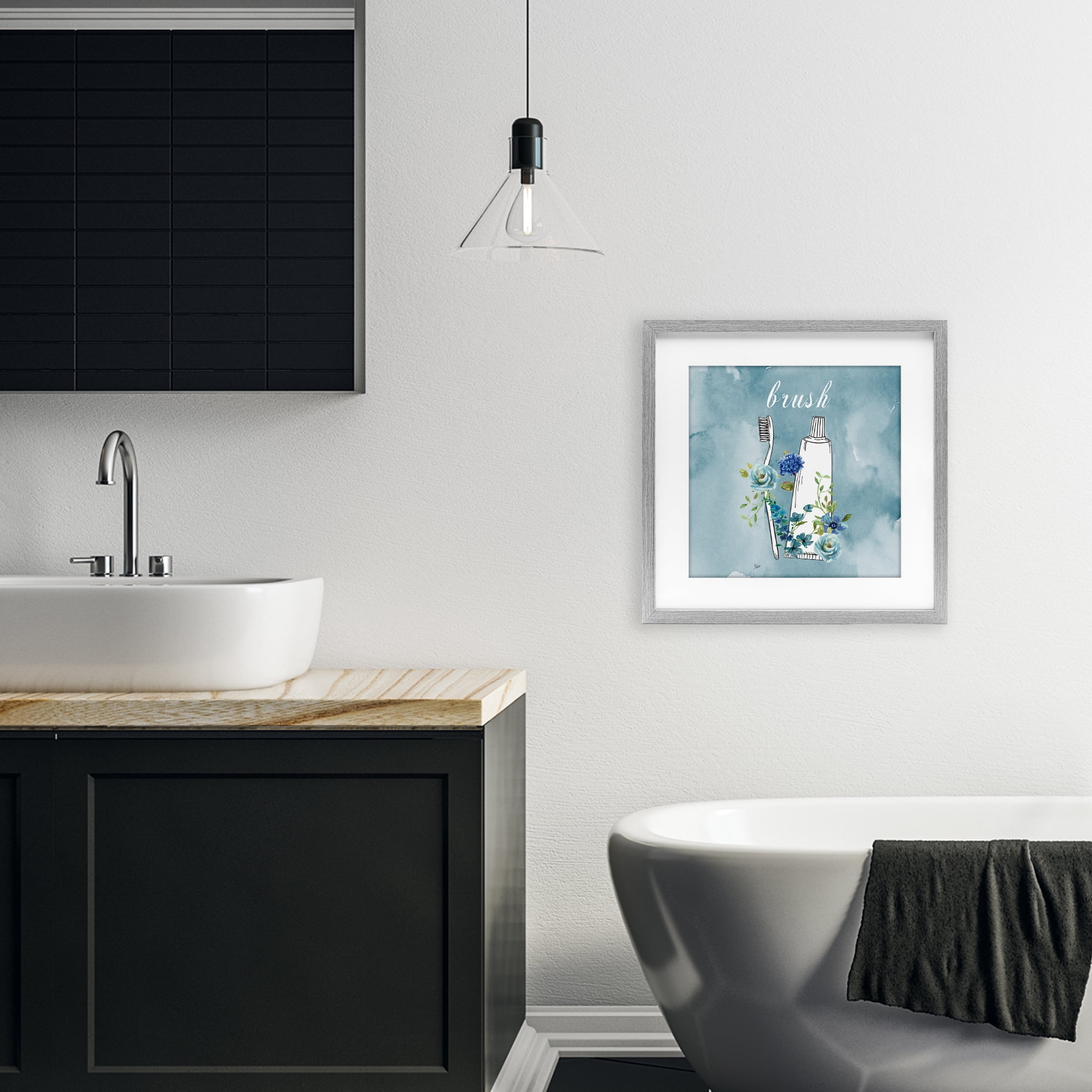 Stupell Industries Floral Bathroom Rules Brush Gray Framed Print Under Glass, design by Nan