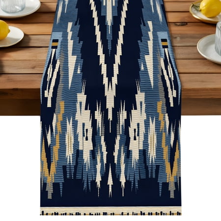 Ethnic Style Pattern Table Runner Vintage Blue Weaving Abstract Cotton Linen Table Cloth Tablerunner for Kitchen Dining Party Wedding Home Decor 13x36 Inch