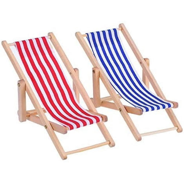 2 piezas 1:12 silla de playa plegable de madera en miniatura tumbona Mini muebles accesorios con rayas rojas/azules para interior y exterior
