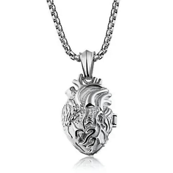 HOOUN Men's Stainless Steel Anatomical Heart Pendant Necklace Black/Gold/Silver Locket-silver